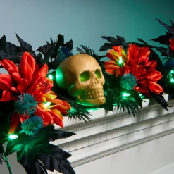 Sale 6 ft. Halloween Boo-tiful Garland with Orange Dahlia Flowers, White Skulls, LED Lights Garlands