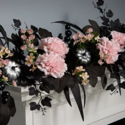 Online 6 ft. Halloween Pretty Morbid Pink Carnation Wreath with Silver Pumpkins Garlands