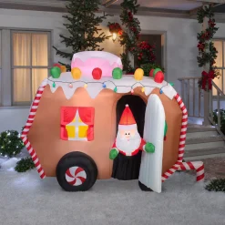 Discount 7.5 ft. Inflatable Gingerbread Trailer with Santa with LED Lights Inflatable Decorations