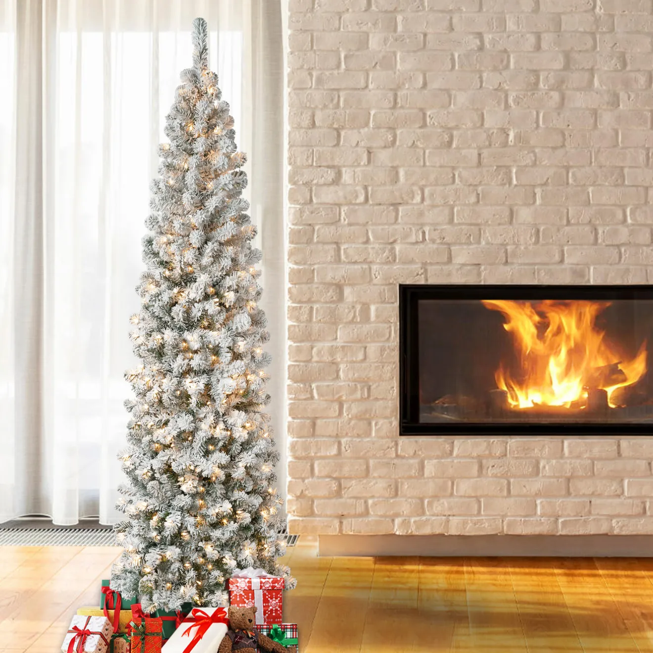 New 7.5 ft. Pre-Lit Acacia Pencil Slim Flocked Tree with Clear Lights Pencil Slim|Pre-Lit
