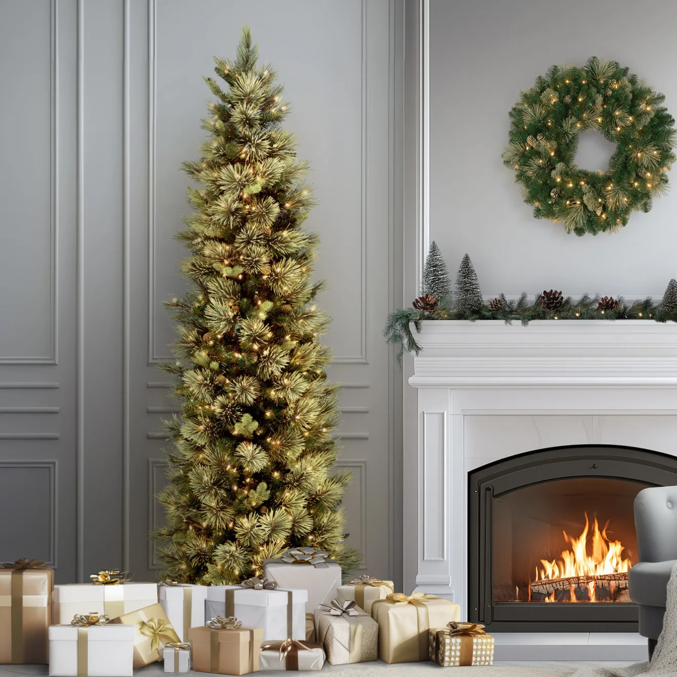 Hot 9 ft. Pre-Lit Carolina Pine Slim Tree with Clear Lights Pencil Slim|Pre-Lit