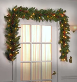 Sale 9 ft. Pre-Lit Classical Collection Garland with Clear Lights and Holly Leaves Pre-Lit Christmas Garlands|7-10 Feet Christmas Garlands