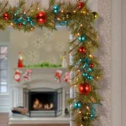 Hot 9 ft. Pre-Lit Decorative Collection Retro Garland with Warm White LED Lights Pre-Lit Christmas Garlands|7-10 Feet Christmas Garlands