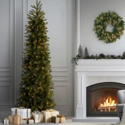 Outlet 9 ft. Pre-Lit Downswept Douglas Fir Pencil Slim Tree with Clear Lights Pencil Slim|Pre-Lit