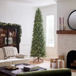 Outlet 9 ft. Pre-Lit Downswept Douglas Fir Pencil Slim Tree with Clear Lights Pencil Slim|Pre-Lit
