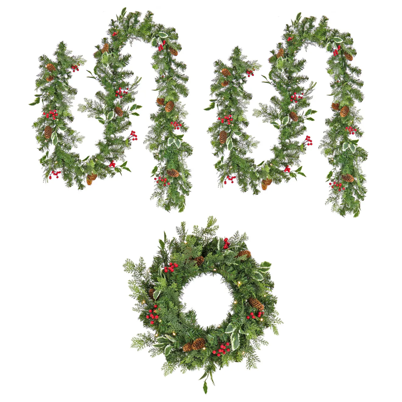Hot 9 ft. Pre-Lit First Traditions Holly Berry Wreath and Garland Assortment 7-10 Feet Christmas Garlands|Pre-Lit Christmas Garlands