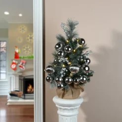 Hot 2 ft. Pre-Lit Frosted Silver Pine Tree with LED Lights Full|Pre-Lit
