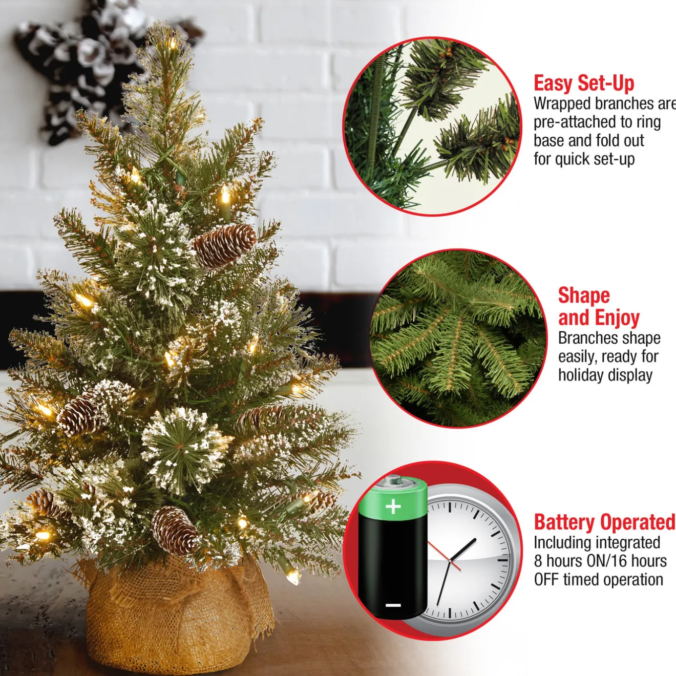 Clearance 2 ft. Pre-Lit Glittery Bristle Tree with LED Lights Tabletop|Pre-Lit