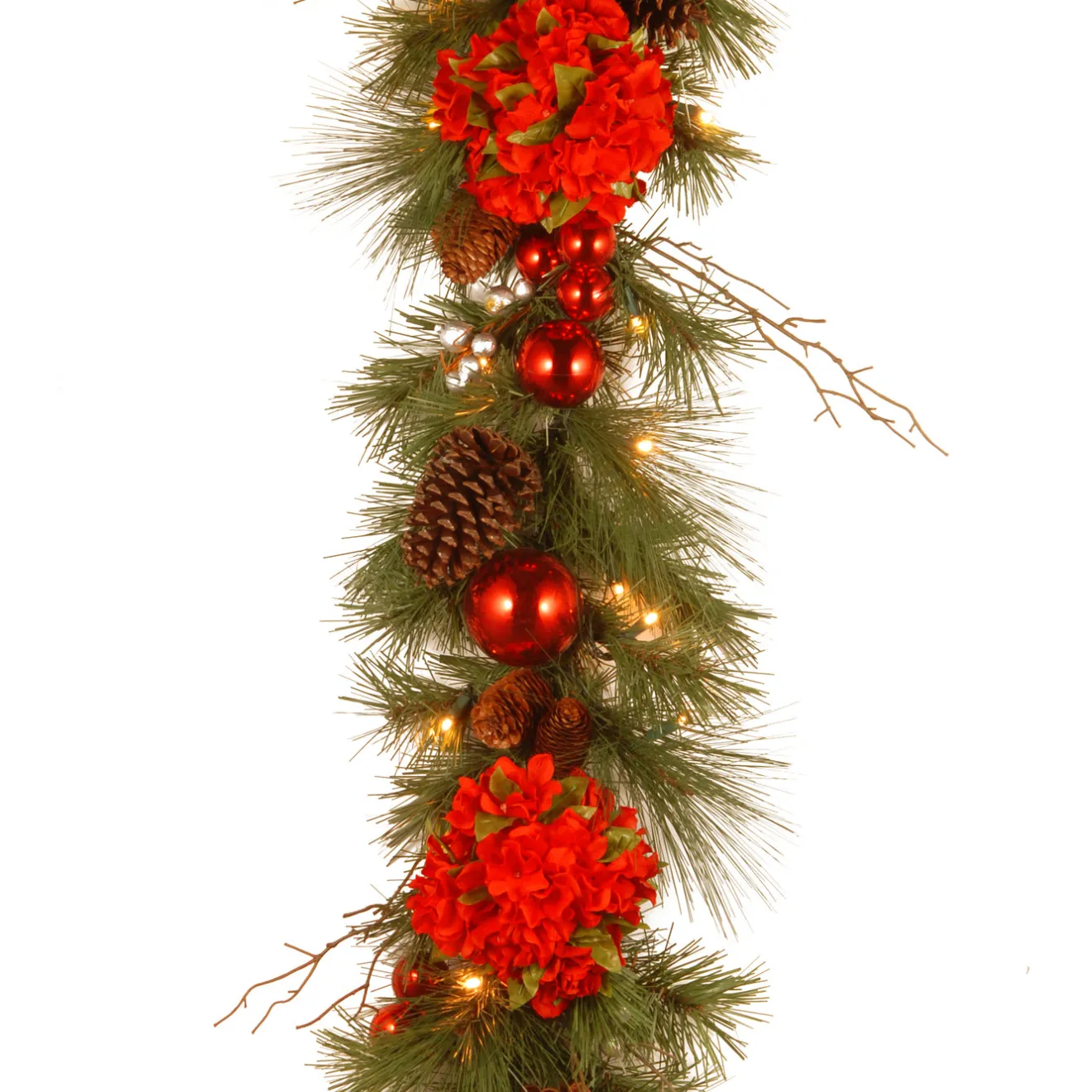 Discount 9 ft. Pre-Lit Hydrangea Pine Garland with Warm White LED Lights Pre-Lit Christmas Garlands|7-10 Feet Christmas Garlands