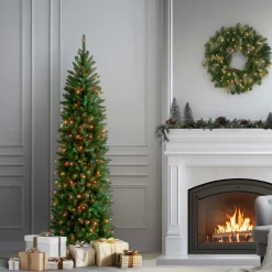 6.5 ft. Pre-Lit Kingswood Fir Pencil Tree with Multicolor Lights Pencil Slim|Pre-Lit