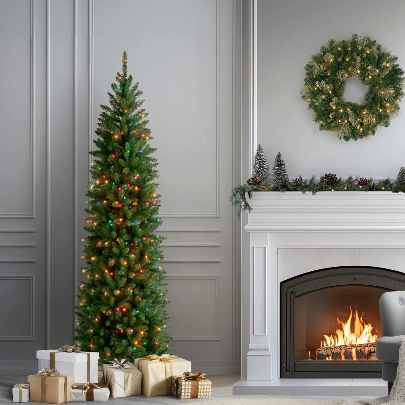 6.5 ft. Pre-Lit Kingswood Fir Pencil Tree with Multicolor Lights Pencil Slim|Pre-Lit