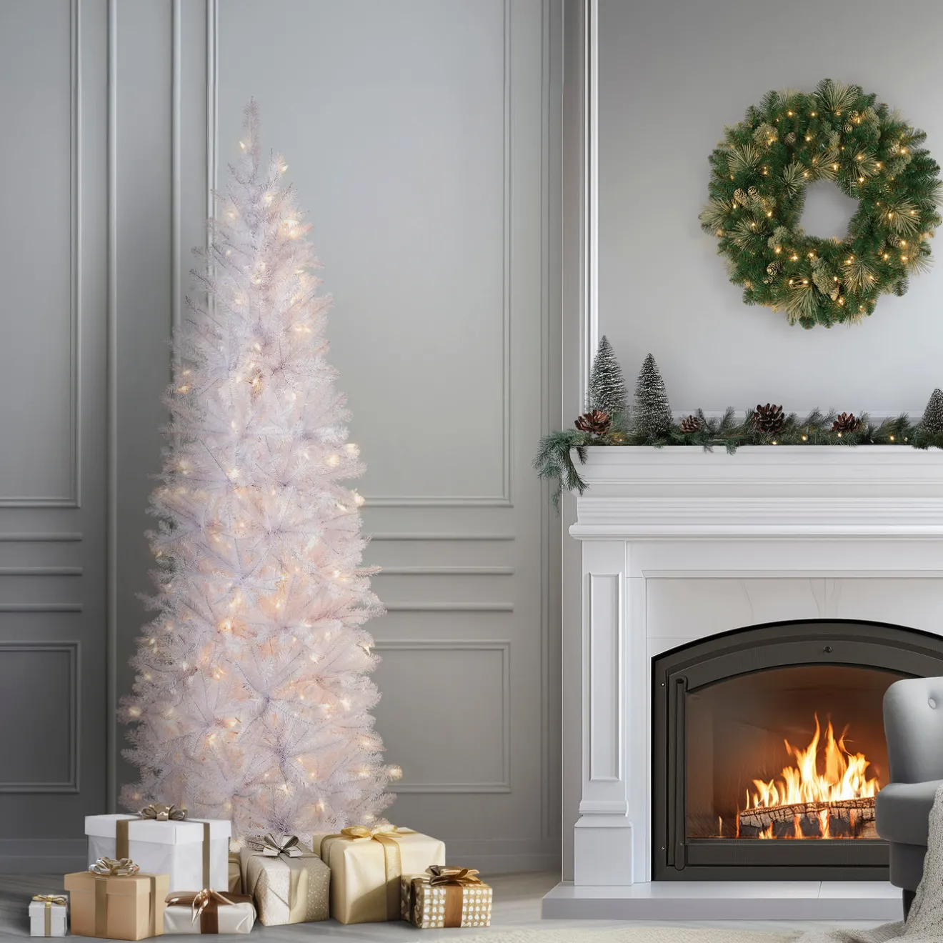 Online 6.5 ft. Pre-Lit Kingswood Fir White Pencil Tree with Clear Lights Pencil Slim|Pre-Lit