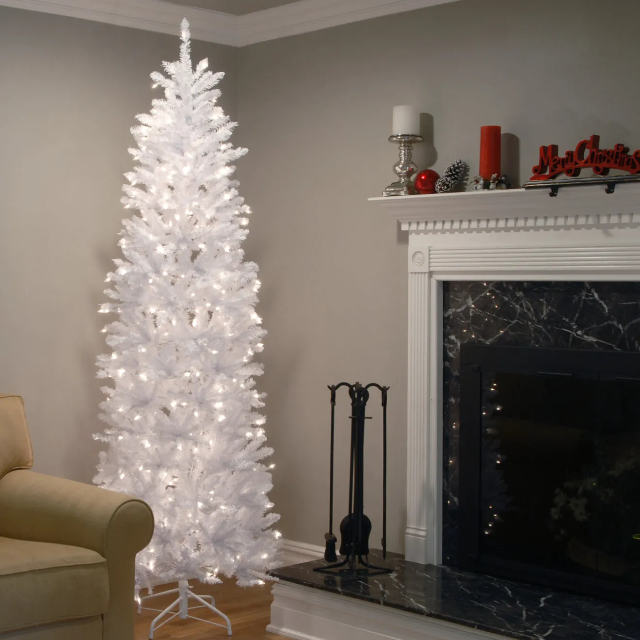 Discount 7.5 ft. Pre-Lit Kingswood Fir White Pencil Tree with Clear Lights Pencil Slim|Pre-Lit