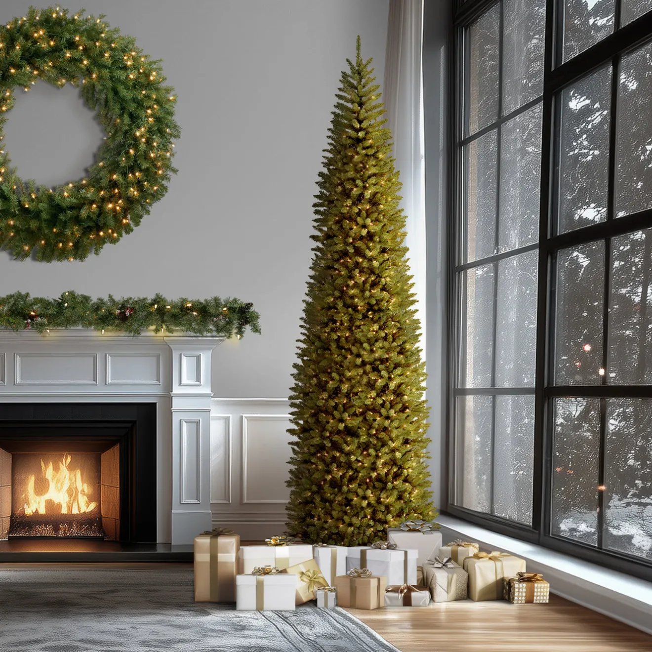 Sale 12 ft. Pre-Lit Kingswood Fir Pencil Slim Tree with Clear Lights Pencil Slim|Pre-Lit