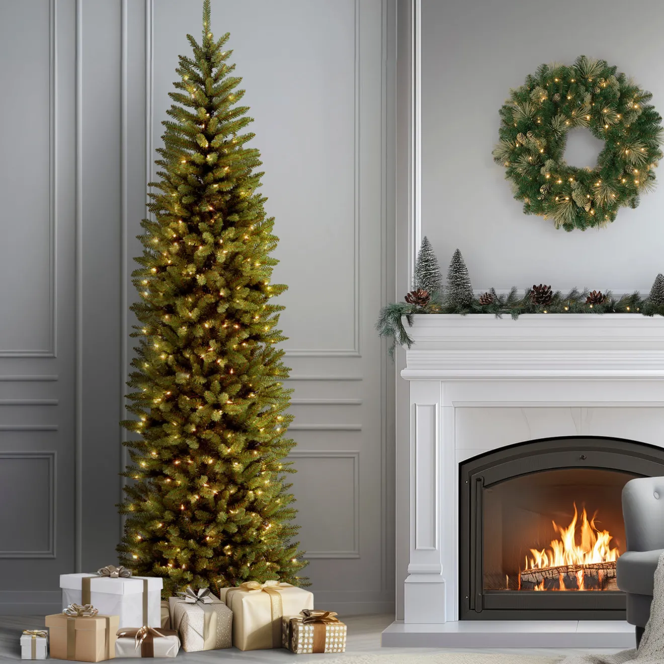 Discount 9 ft. Pre-Lit Kingswood Fir Pencil Tree with Clear Lights Pencil Slim|Pre-Lit