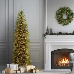 Discount 7 ft. Pre-Lit Kingswood Fir Pencil Tree with Power Connect Dual Color LED Lights Pencil Slim|Pre-Lit