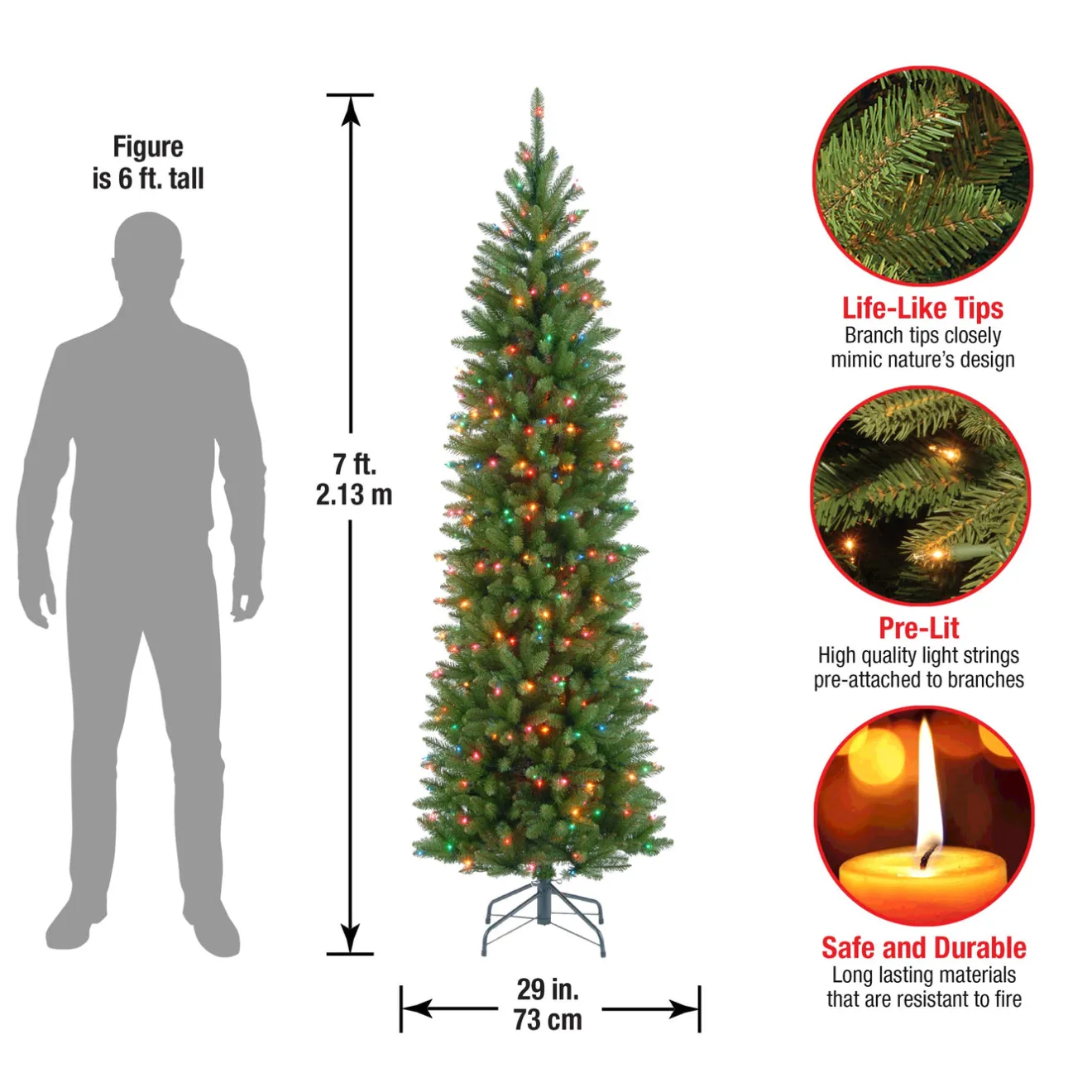 Best 7 ft. Pre-Lit Kingswood Fir Pencil Tree with Multicolor Lights Pencil Slim|Pre-Lit