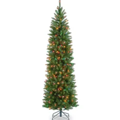 Hot 7.5 ft. Pre-Lit Kingswood Fir Pencil Tree with Multicolor Lights Pencil Slim|Pre-Lit