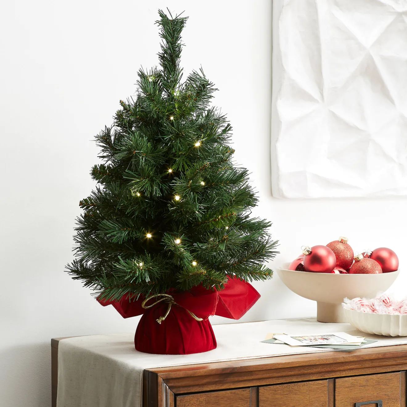 Clearance 2 ft. Pre-Lit Majestic Fir Tree with LED Lights, Red Base Tabletop|Pre-Lit