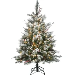 Sale 4.5 ft. Pre-Lit Snowy Bedford Pine Tree with Clear Lights Full|Pre-Lit
