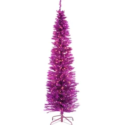 Discount 7 ft. Pre-Lit Tinsel Collection Pink Tree with Clear Lights Slim|Pre-Lit