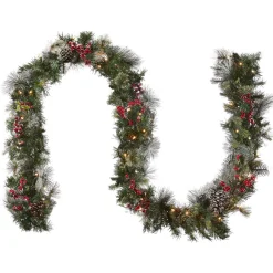 Outlet 9 ft. Pre-Lit Wintry Berry Garland with Clear Lights, Plug-In Pre-Lit Christmas Garlands|7-10 Feet Christmas Garlands