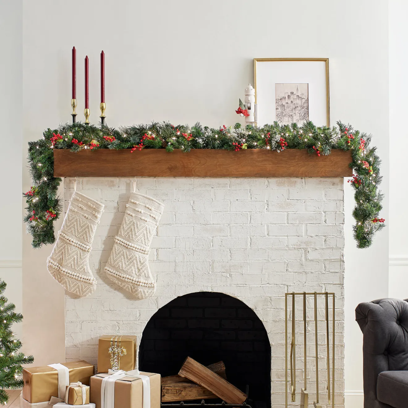 Discount 9 ft. Pre-Lit Wintry Pine Garland with Clear Lights, Plug-In 7-10 Feet Christmas Garlands