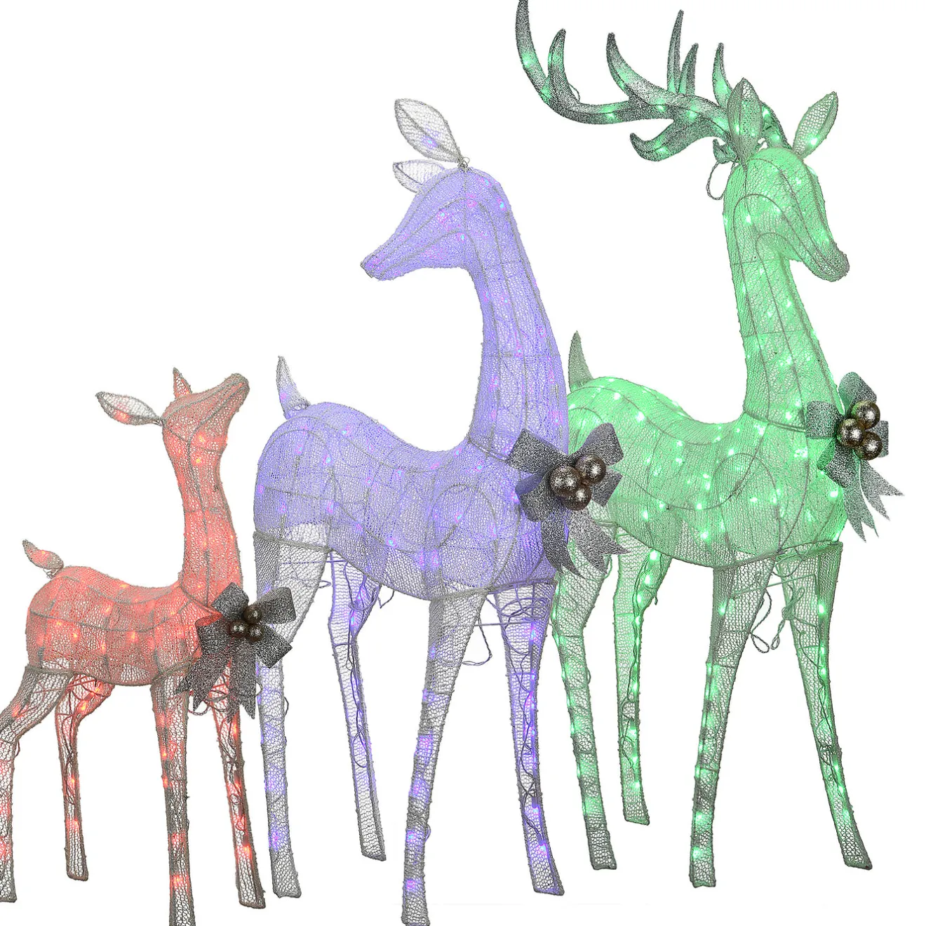 36 in., 52 in. and 60 in. Mesh Glittered Deer Family with LED Lights Yard Decorations