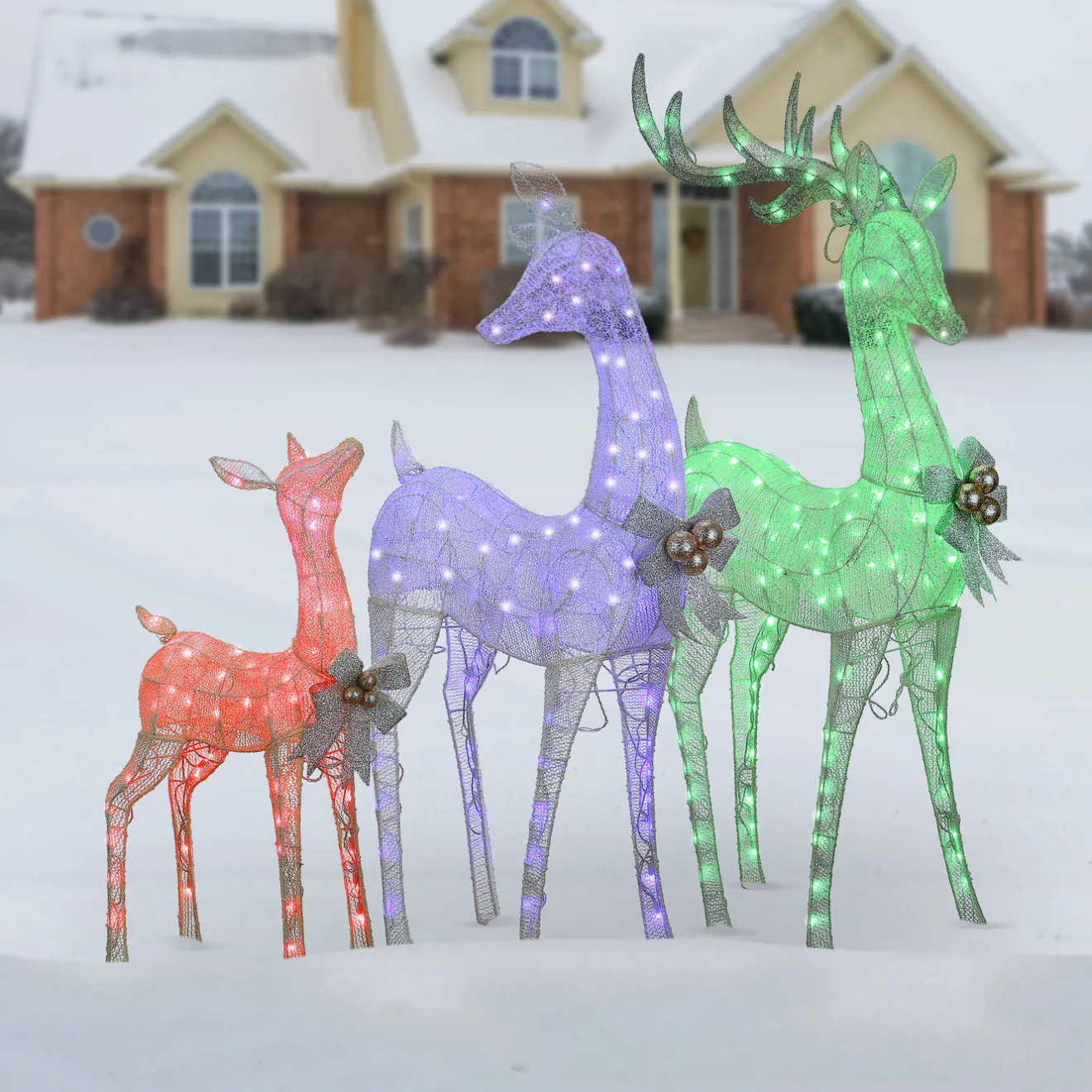 36 in., 52 in. and 60 in. Mesh Glittered Deer Family with LED Lights Yard Decorations