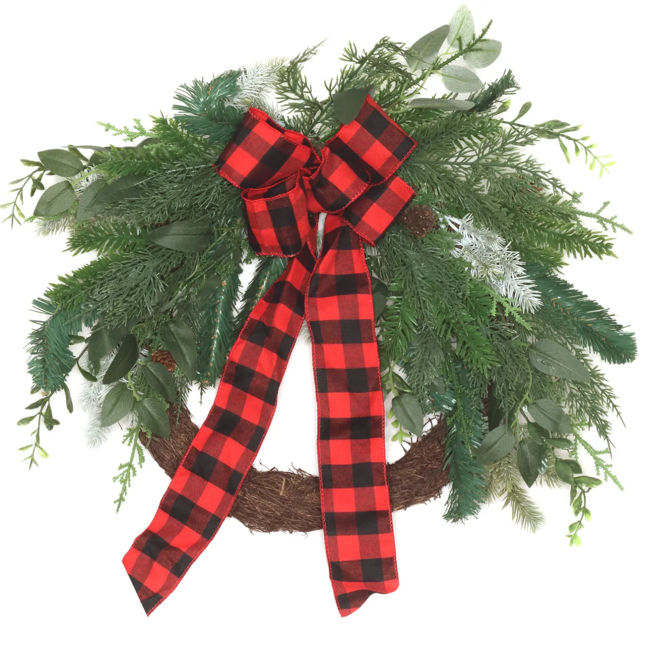 Clearance 22 in. Mixed Pine and Bow Decorated Wreath Unlit Christmas Wreaths|21-24 Inch Christmas Wreaths
