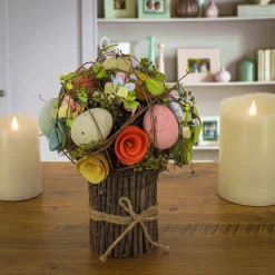8 in. Bright Floral Bundle Decorated with Pastel Easter Eggs and Assorted Flowers Table Decorations