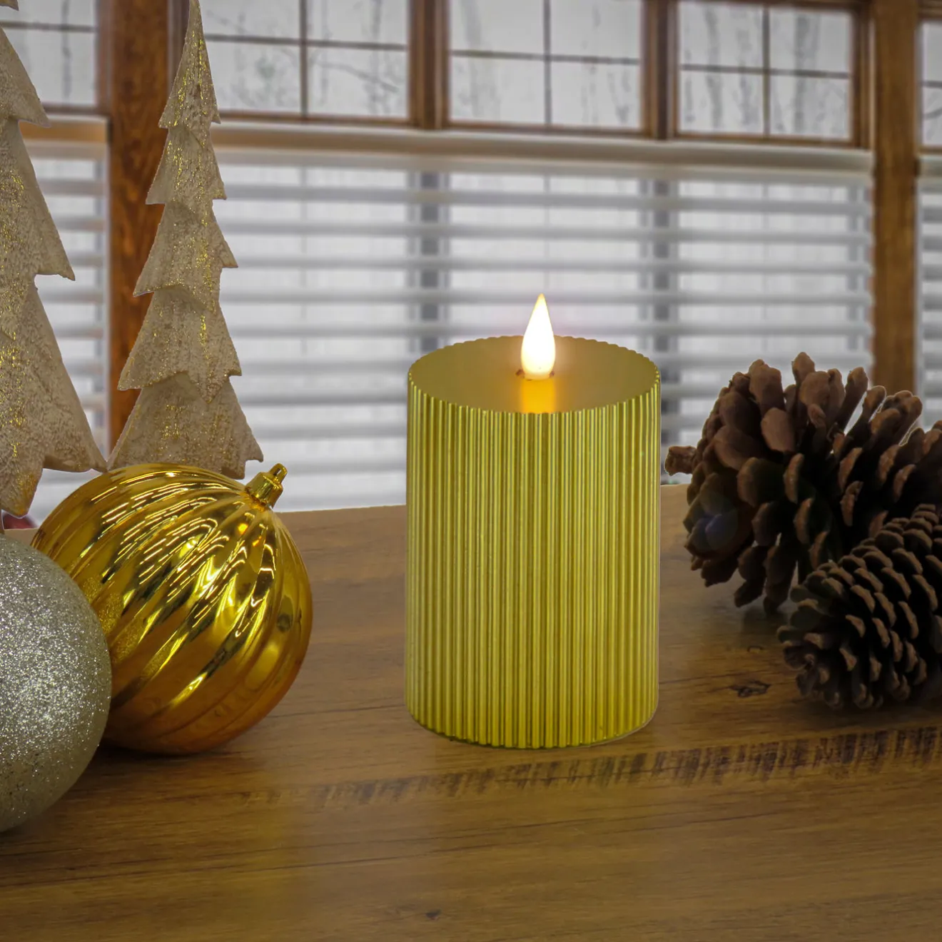 Clearance 4 in. by 8 in. HGTV Home Collection Flameless Georgetown Pillar Candle, Gold Decorative Accents