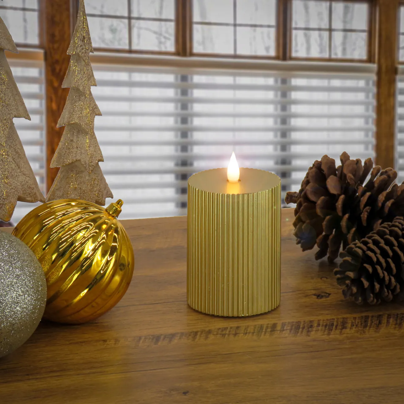 Discount 3 in. by 5 in. HGTV Home Collection Flameless Georgetown Pillar Candle, Gold Decorative Accents
