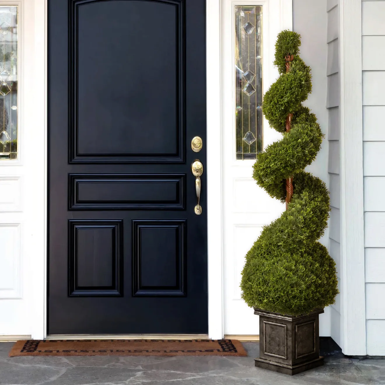 Discount 48 in. Cedar Spiral Topiary Tree with Ball in a Black Square Pot Topiaries & Shrubs