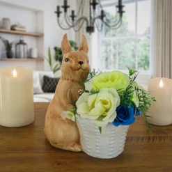 Discount 11 in. Ceramic Bunny with Basket Table Decoration Table Decorations