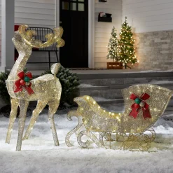 Online 48 in. Champagne Reindeer Pulling 38 in. Sleigh Yard Decorations