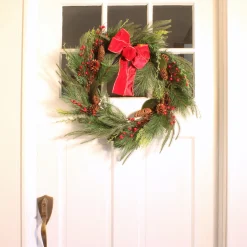 New 26 in. Christmas Mixed Pine Wreath with Red Bow Unlit Christmas Wreaths|25-36 Inch Christmas Wreaths