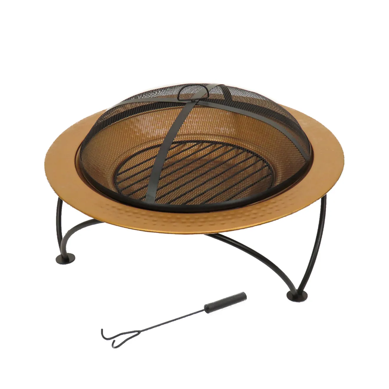 Hot 33 in. Copper Finish Hammered Steel Outdoor Fire Pit with Black Stand, Cover, Fire Poker Firepits