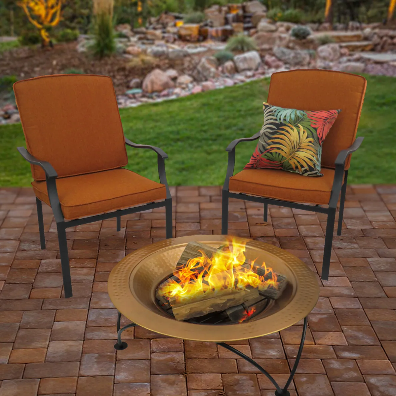 Hot 33 in. Copper Finish Hammered Steel Outdoor Fire Pit with Black Stand, Cover, Fire Poker Firepits