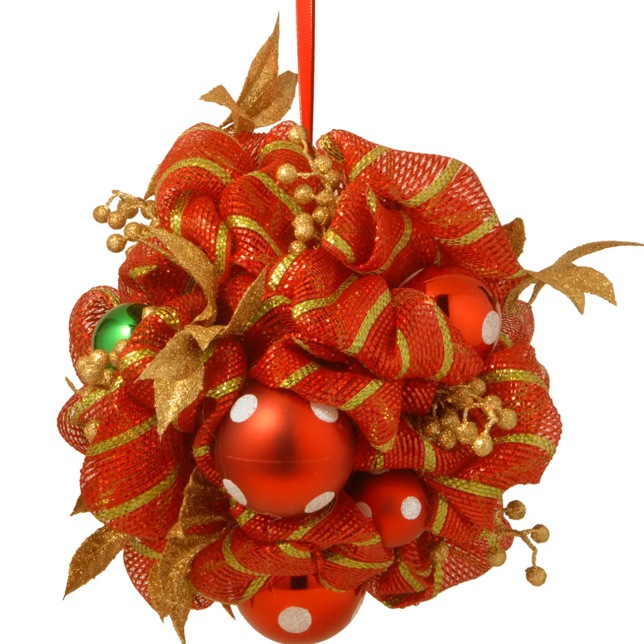 Discount 16 in. Decorative Collection Striped Red Ribbon Kissing Ball Decorative Accents