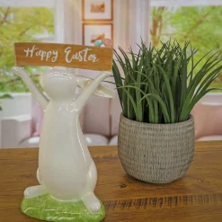 Outlet 11 in. Easter Bunny Figure Holding "Happy Easter" Sign Table Decoration Table Decorations