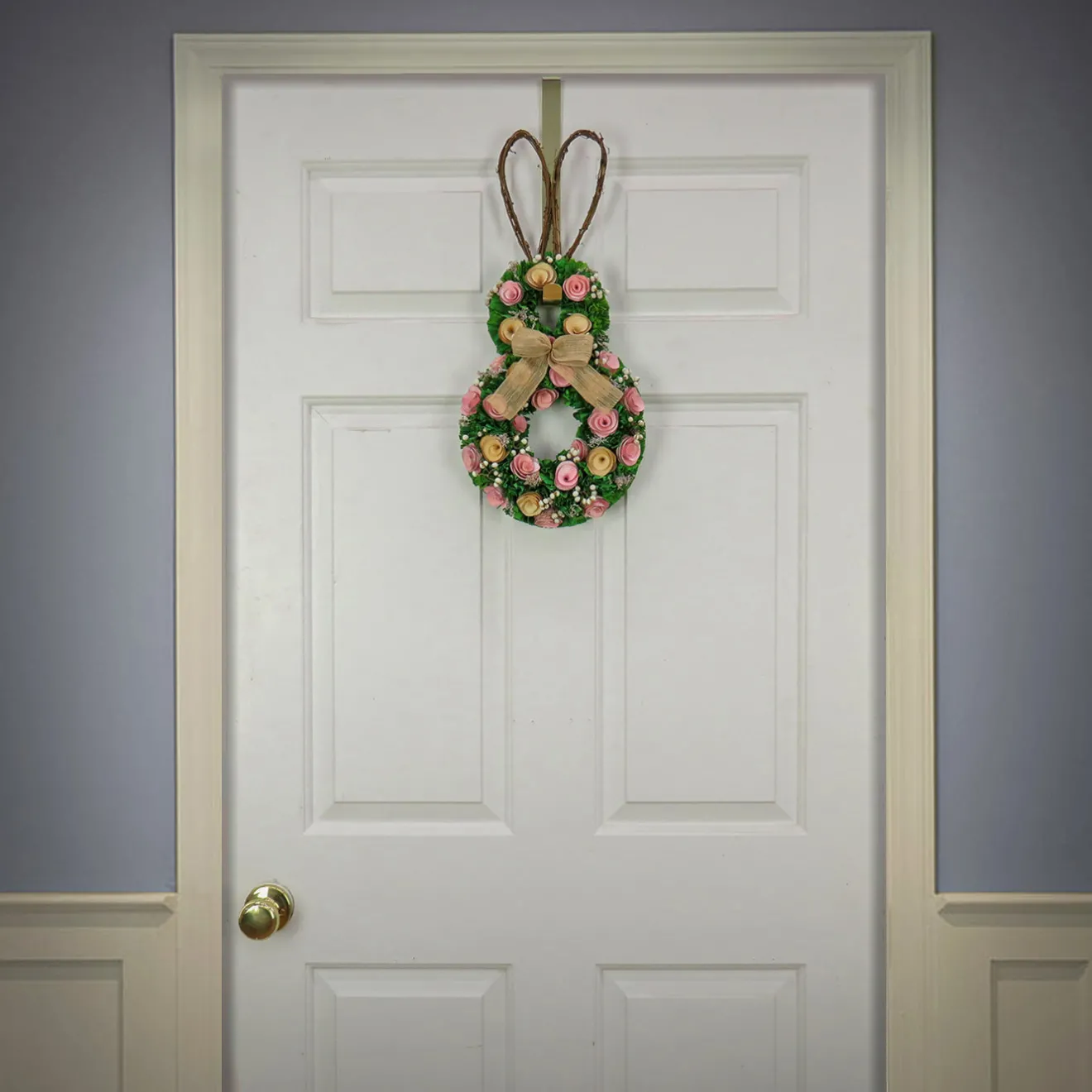 New 20 in. Easter Bunny Hanging Silhouette Decorated with Green, Pink and Yellow Flowers Wreaths