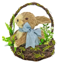 New 10 in. Easter Bunny with Blue Bow in Floral Basket Table Decoration Table Decorations