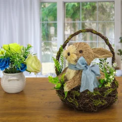 New 10 in. Easter Bunny with Blue Bow in Floral Basket Table Decoration Table Decorations