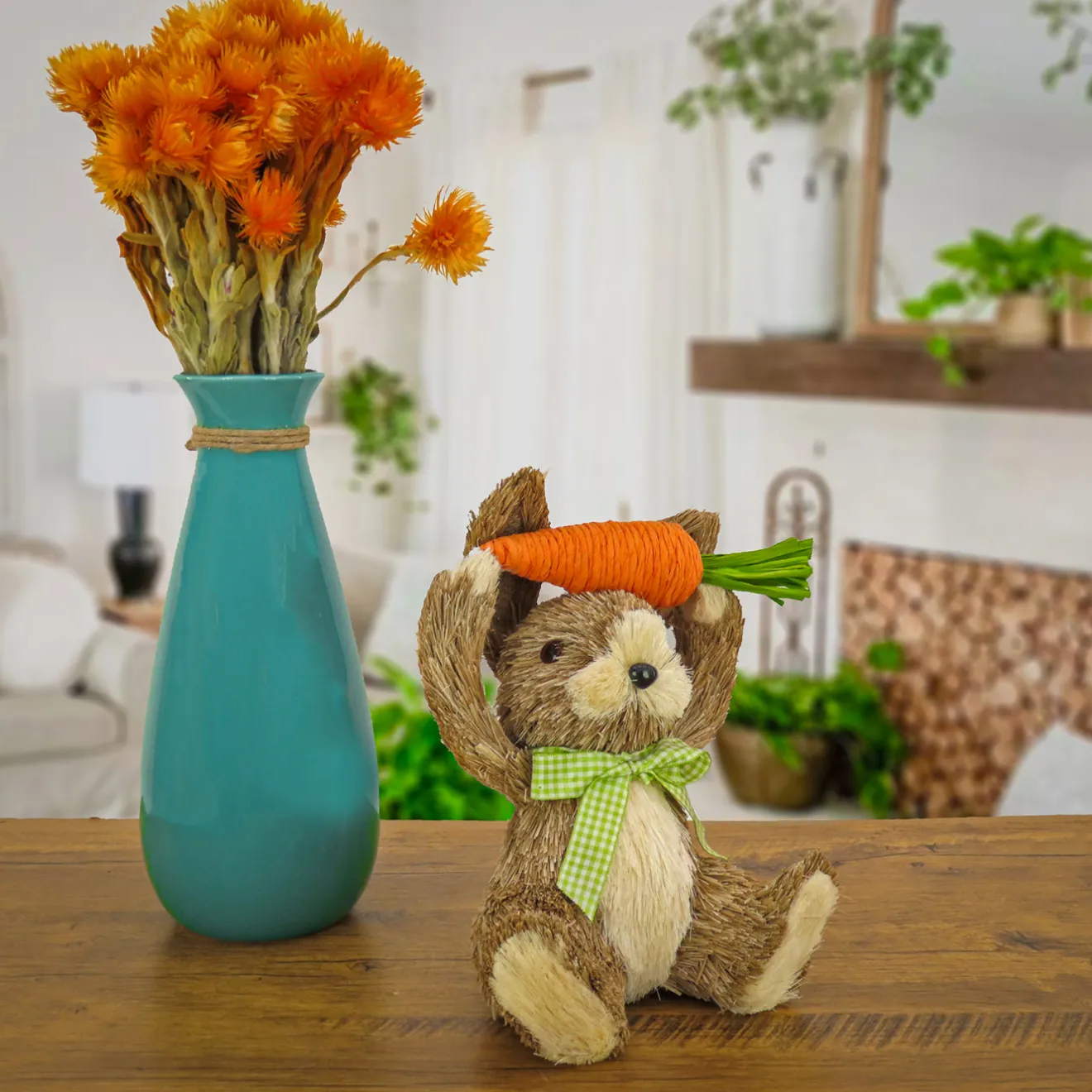 Sale 9 in. Easter Bunny with Carrot Table Decoration Decorated with Checkered Green Bow Table Decorations