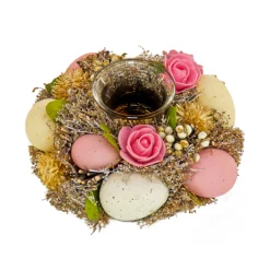 New 7 in. Easter Candleholder Table Decoration Decorated with Pastel Eggs and Flower Blooms Table Decorations