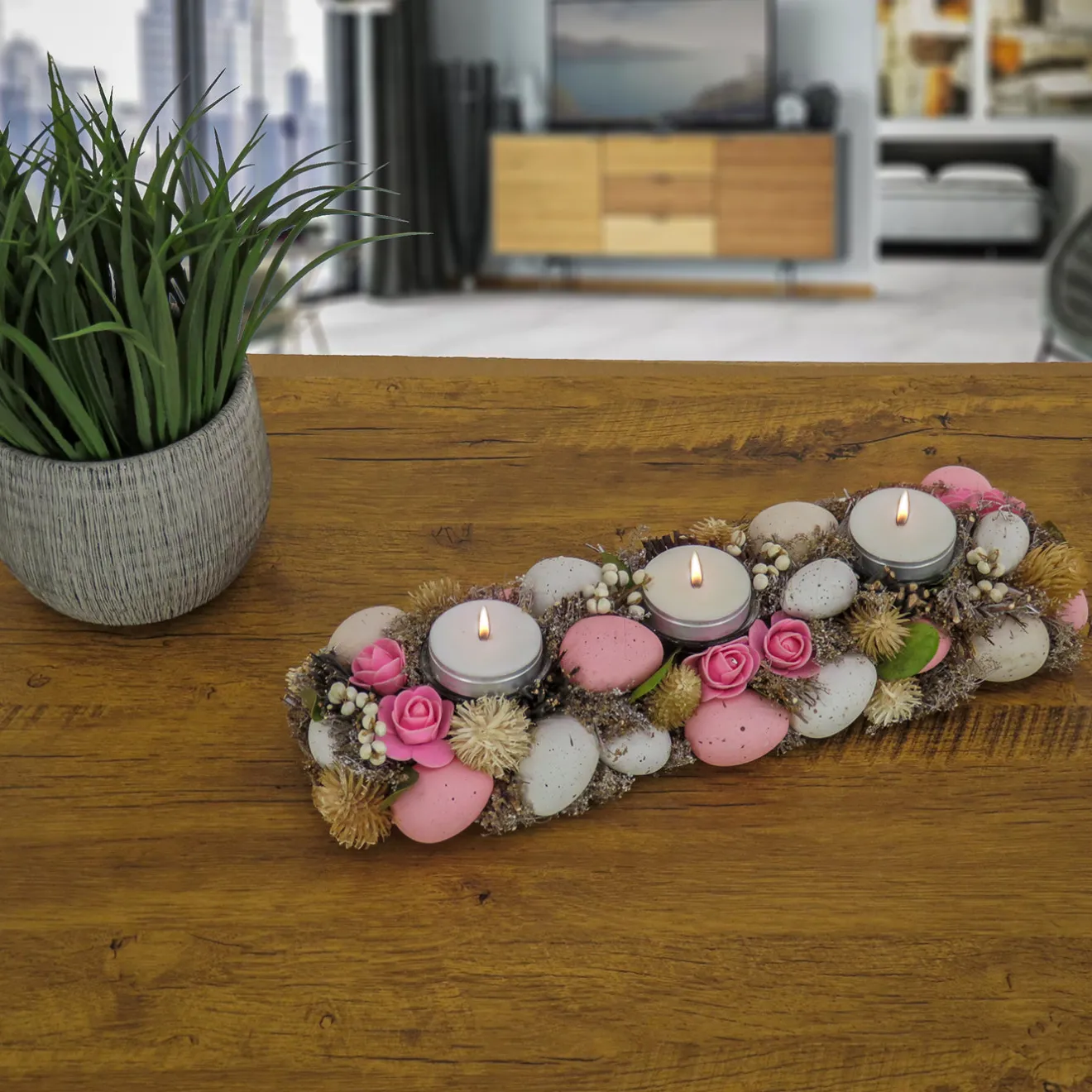 Outlet 16 in. Easter Candleholder Table Decoration Decorated with Pastel Eggs and Flower Blooms Table Decorations