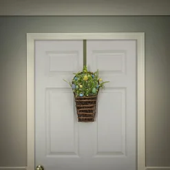 Hot 18 in. Easter Hanging Wall Basket Decorated with Pastel Eggs and Spring Flowers Wall Decorations