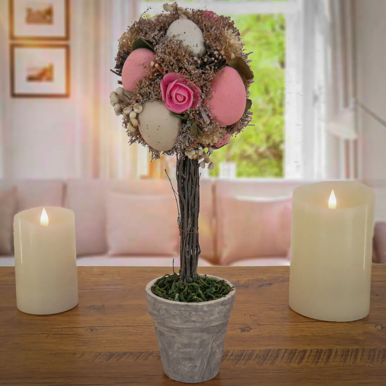 Online 14 in. Easter Single Ball Topiary Potted Plant Decorated with Pastel Eggs Table Decorations