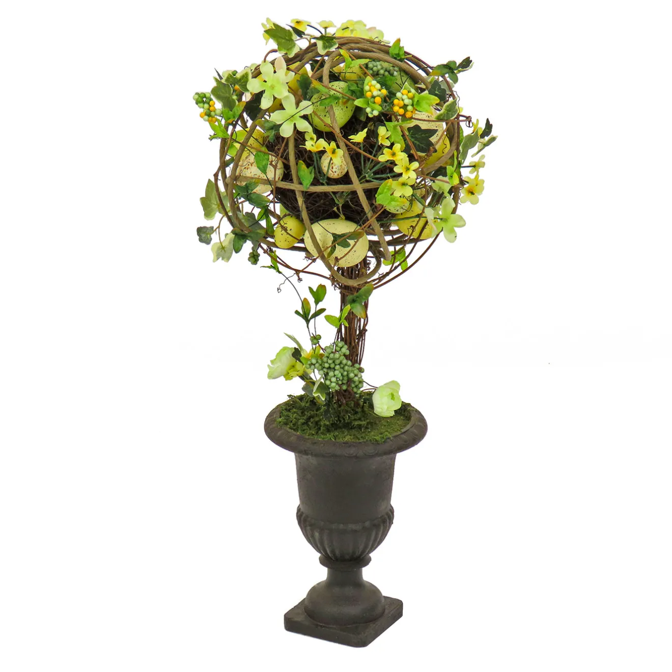 26 in. Easter Single Topiary Ball in a Urn Decorated with Pastel Eggs and Flower Blooms Outdoor Decorations